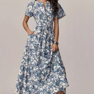 Anthropologie Maeve Somerset Maxi-Ivory Blue Floral Tiered Cotton Dress- Small